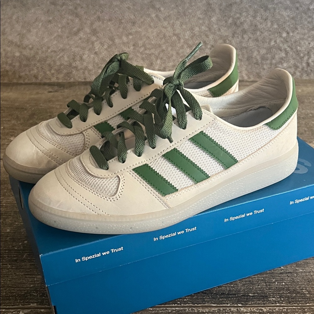 Adidas x END. clothing SPZL Wilsy ‘By the Sea’ off white and green sneakers